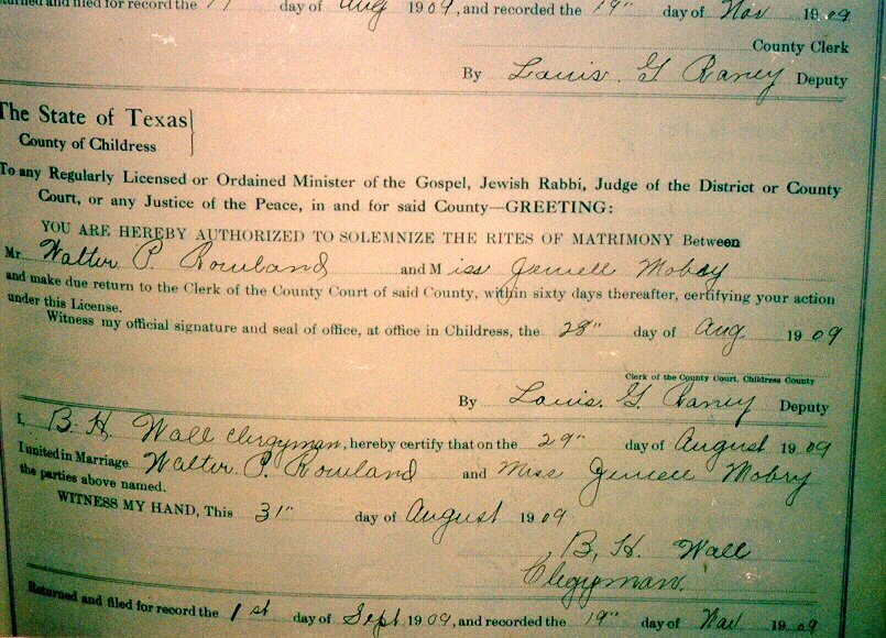 Photo of marriage license for W.P. Rowland & Jewel Mabry